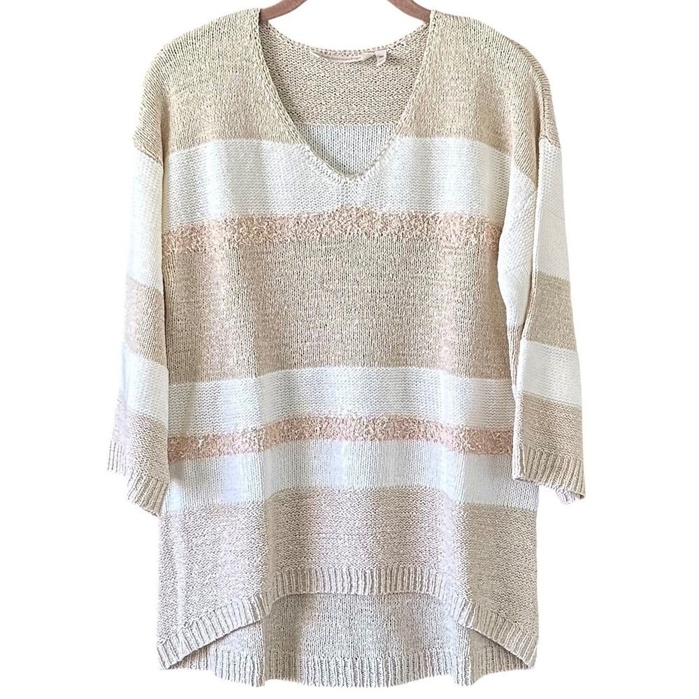 Soft Surroundings Womens Lightweight V-Neck Sweater 3/4 Sleeve Striped Fringe PM